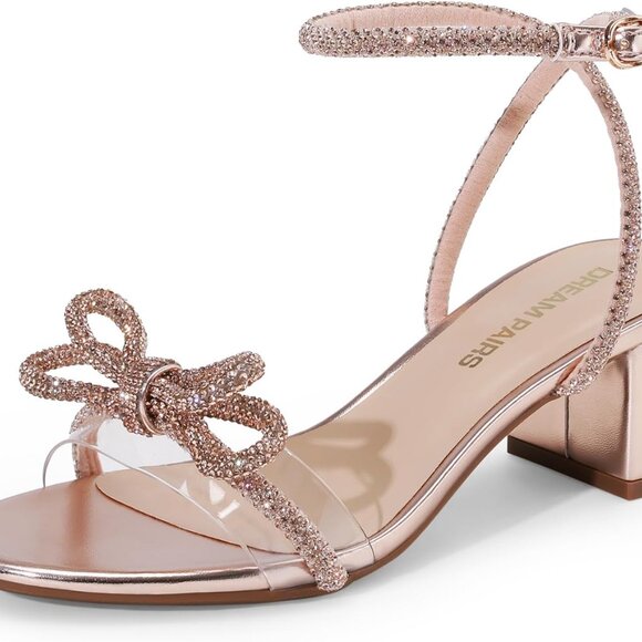 Women's Crystal Sandals Low Block Heels Slingshot Dress Shoes for Weddings - Picture 1 of 7